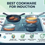 Infographic showing best cookware for induction cooktops — cast iron, stainless steel, enameled cast iron, and fully-clad cookware that work, versus aluminum, copper, glass, and ceramic that don't