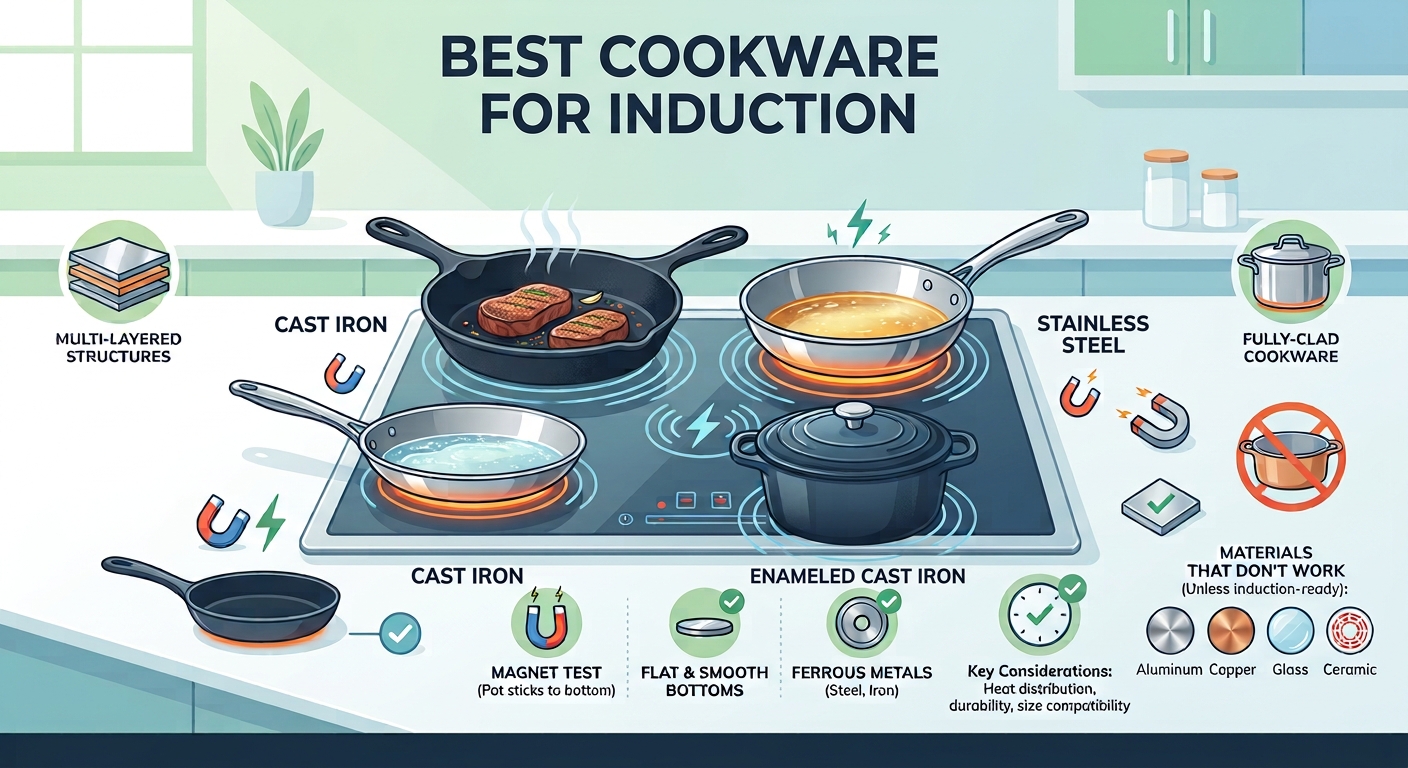 Infographic showing best cookware for induction cooktops — cast iron, stainless steel, enameled cast iron, and fully-clad cookware that work, versus aluminum, copper, glass, and ceramic that don't