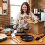 College student unpacking cookware for dorm kitchen with portable induction burner