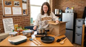 College student unpacking cookware for dorm kitchen with portable induction burner