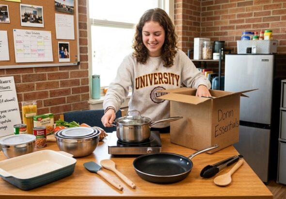 College student unpacking cookware for dorm kitchen with portable induction burner