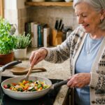Senior woman using lightweight cookware with an ergonomic handle to cook vegetables in a nonstick skillet on the stovetop
