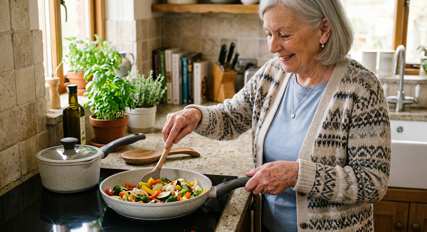 Senior woman using lightweight cookware with an ergonomic handle to cook vegetables in a nonstick skillet on the stovetop