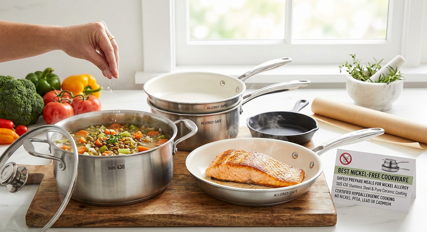 Nickel-free stainless steel cookware set with ceramic-coated interiors and a cast iron skillet, used to prepare salmon and vegetable soup